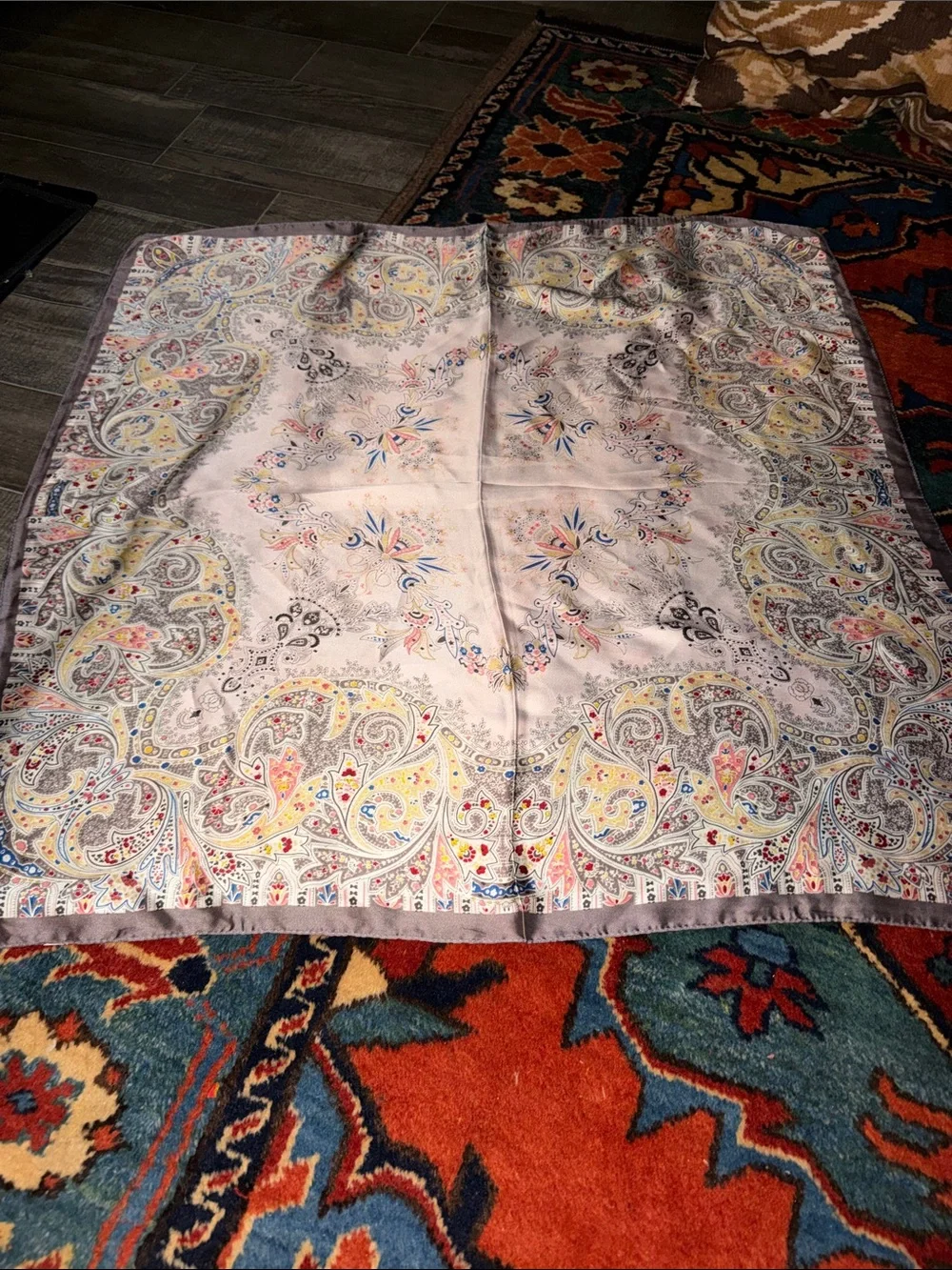 Vintage Paisley Floral Square Scarf Pastel Cream Mauve Border Boho Chic Silk